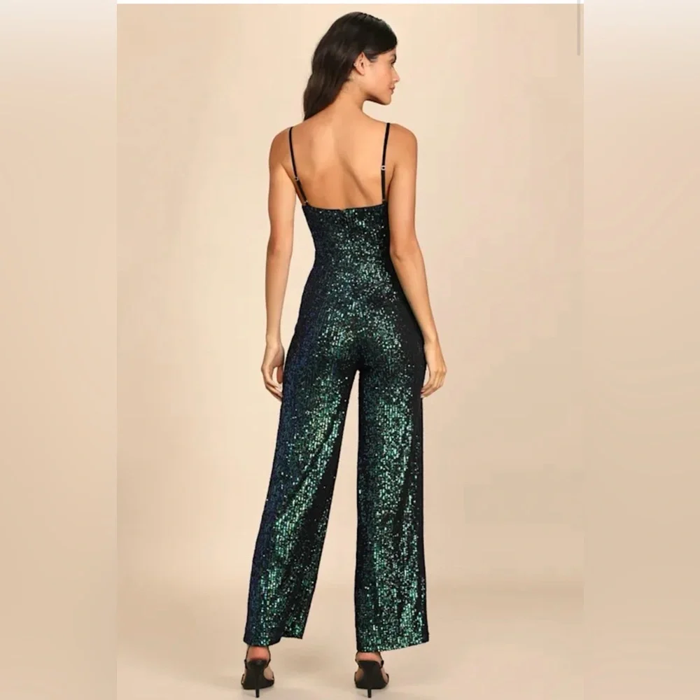 NWT Lulu’s Green Iridescent Sequin Wide-Leg Jumpsuit - Picture 2 of 15